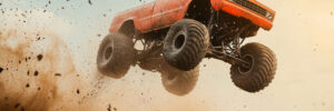 Monster Truck leaping over a dirt hill