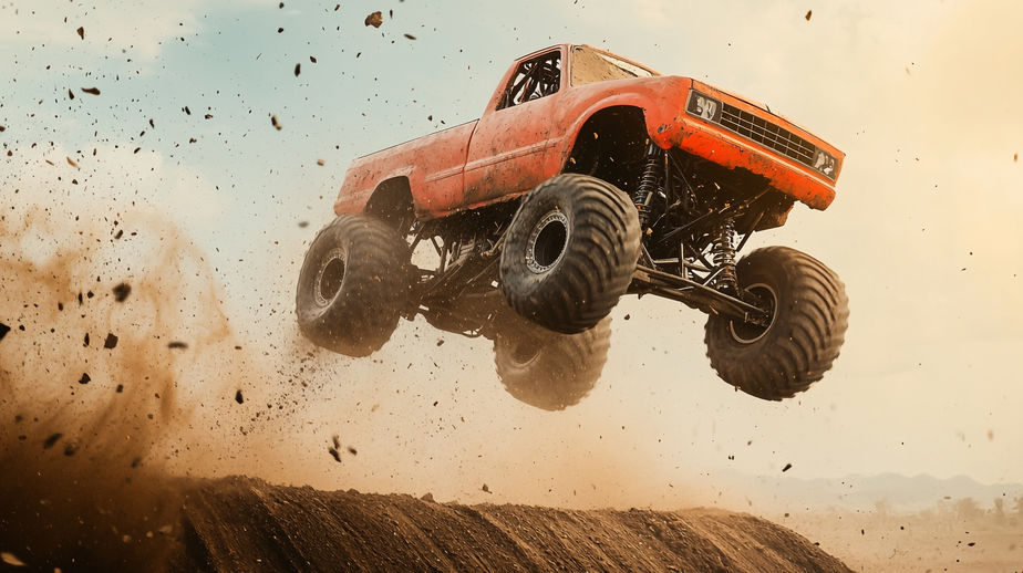 Monster Truck leaping over a dirt hill