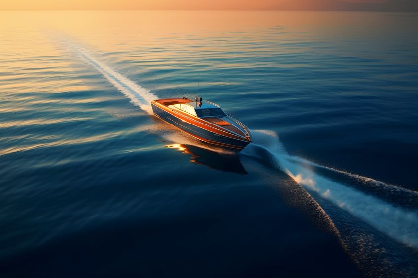 Luxury motorboat on the sea. Speedboat at sunset