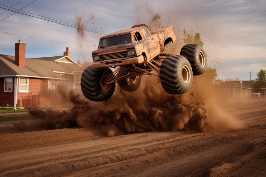 monster truck kicking up dirt as it speeds around a corner, created with generative ai